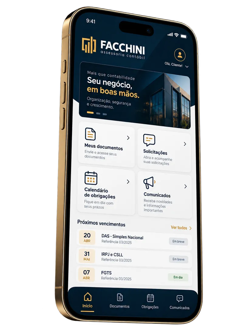 Aplicativo da Facchini no celular, com documentos, solicitações e calendário de obrigações