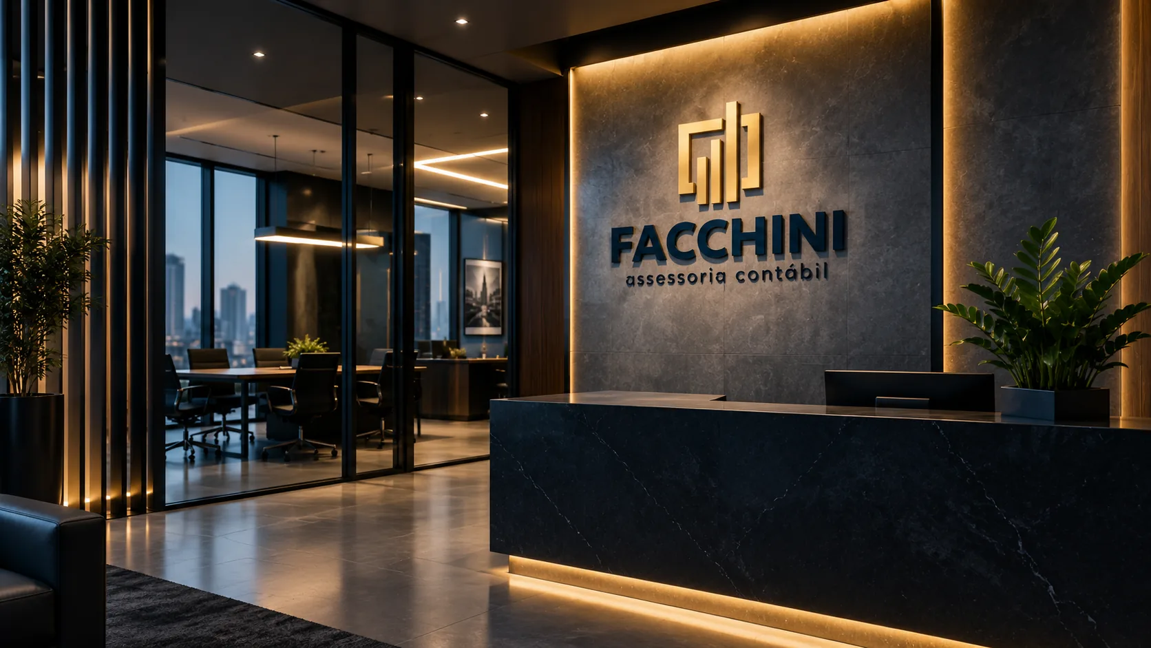 Recepção do escritório da Facchini Assessoria Contábil, com a marca iluminada na parede de pedra