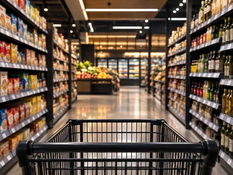 Corredor de supermercado com prateleiras abastecidas